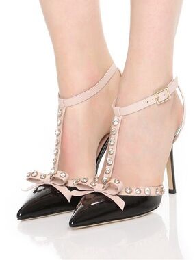 kate spade Lydia Jewel Black and cream Patent Leather T strap Crystal pumps 8